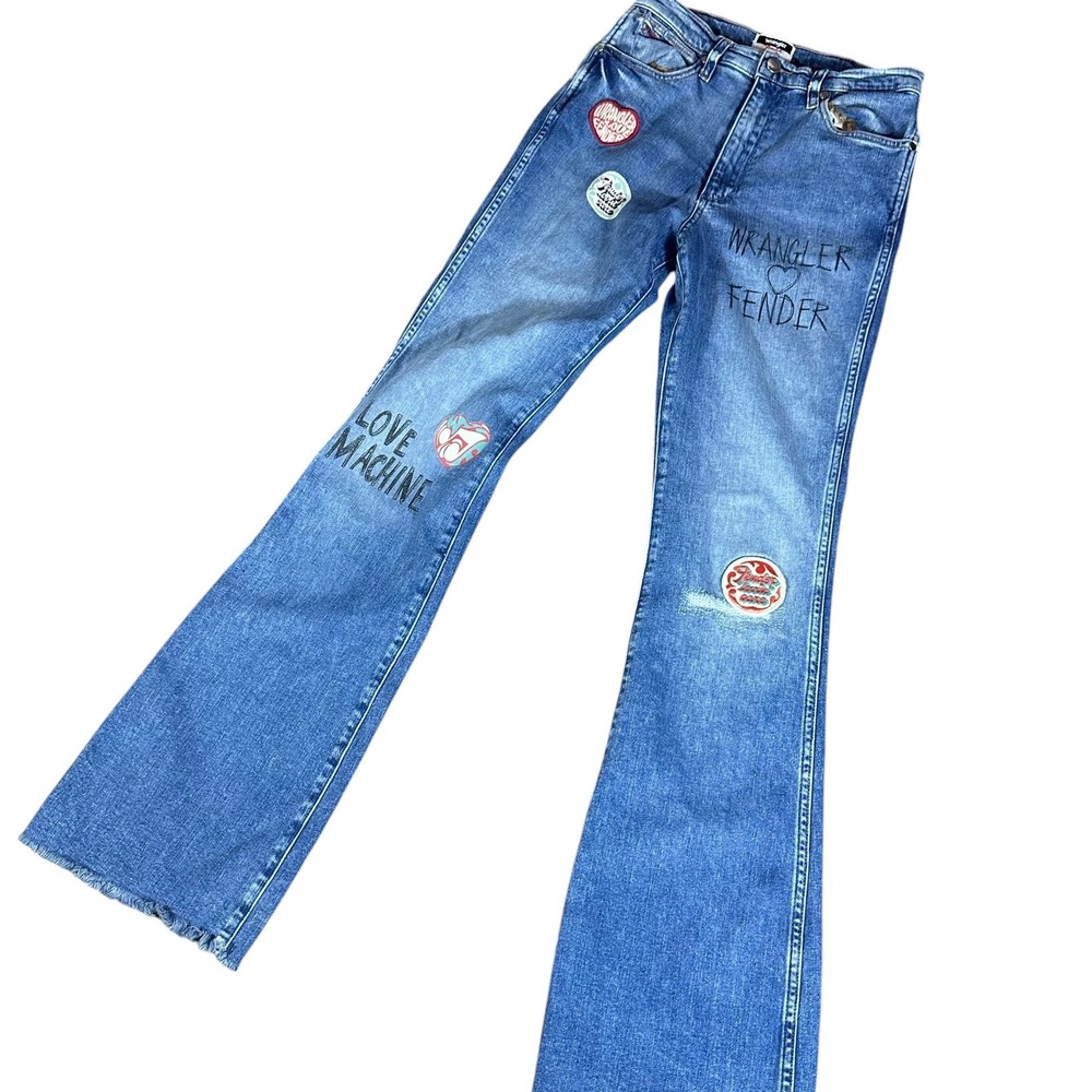 Wrangler Westward Fender‎ Jeans Womens 26 Blue High Rise Bootcut Patch Graphic